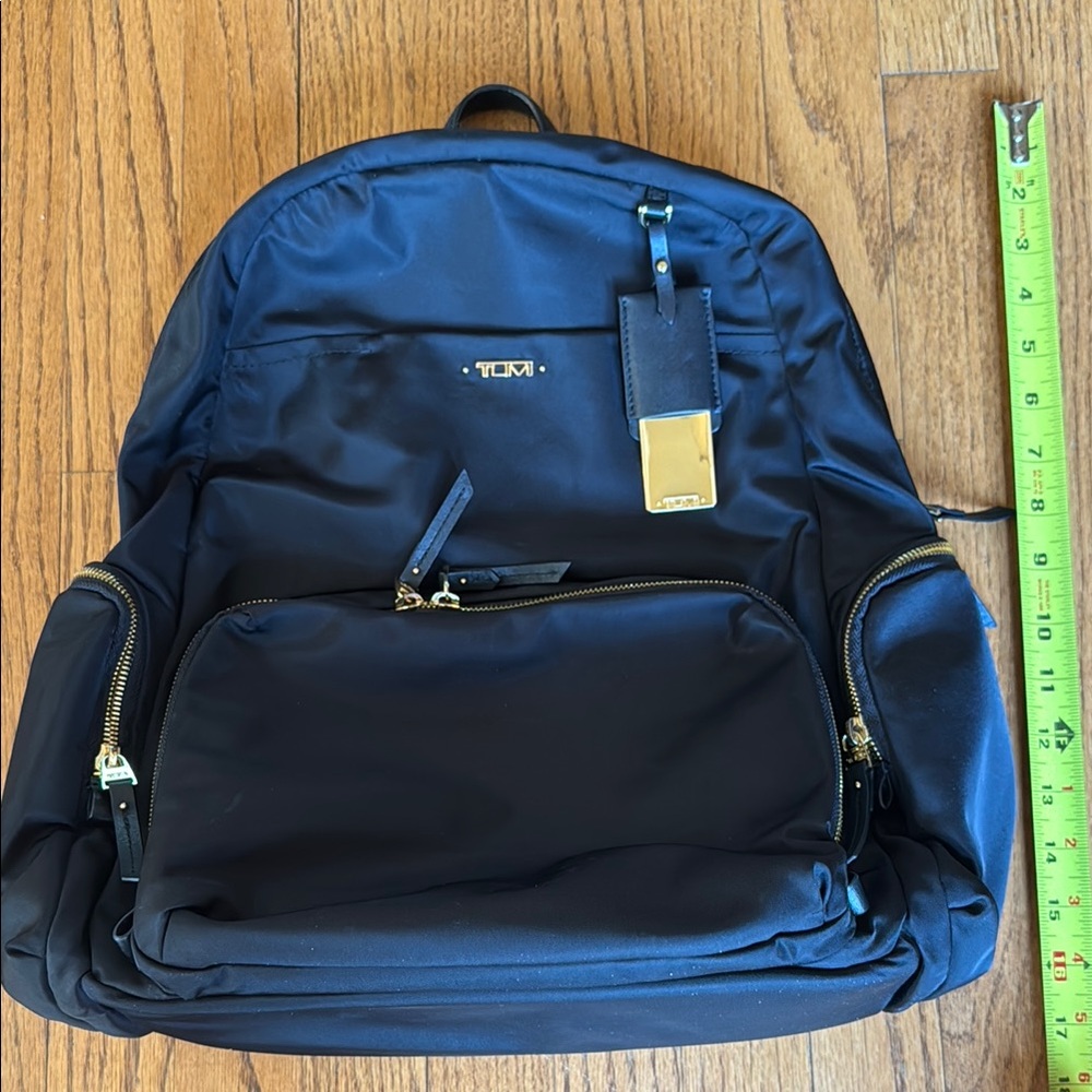 Tumi Black Nylon Backpack Voyager Carson Gold and Leather Details